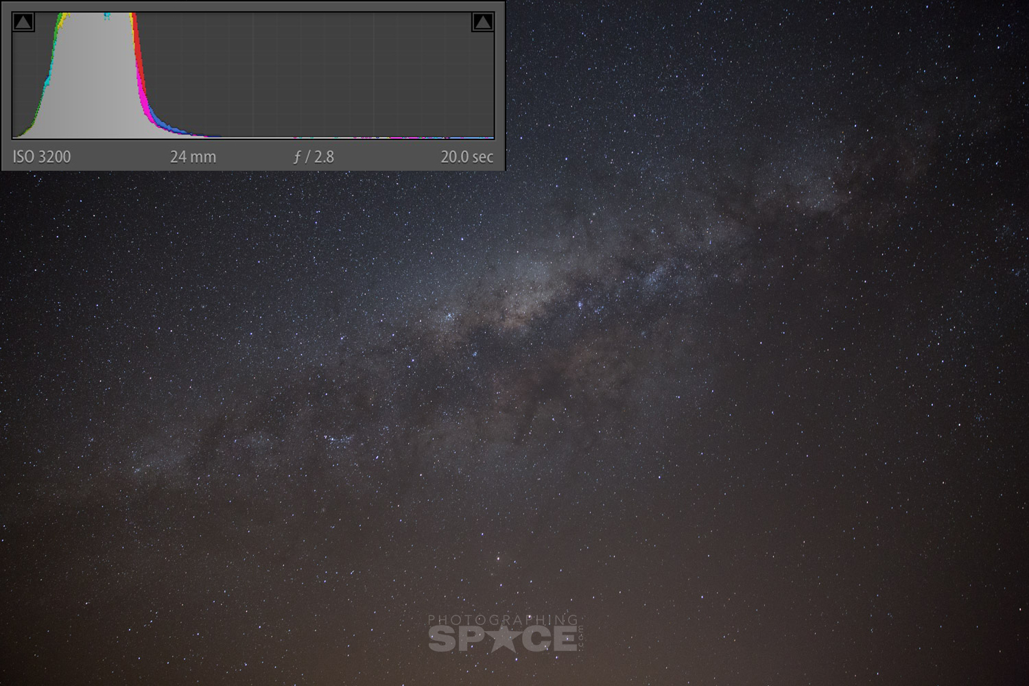 Milky Way and Histogram f/2.8 ISO3200 20s, Photo: Cory Schmitz