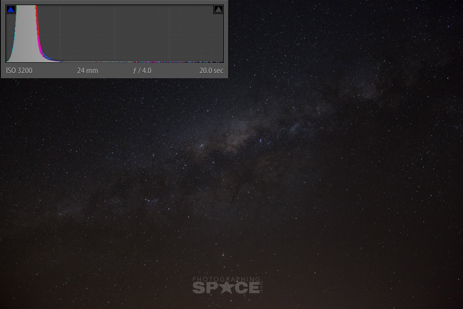 Milky Way and Histogram ISO3200 f4 20s 24mm